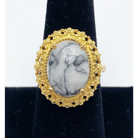 Karis Jewelry - Karis 18K Gold Plated Stone Cabochon Ring Austrian Pinolith Black White Sz 8.75